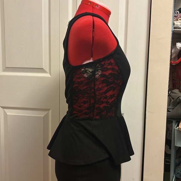 Soprano Black Ruffle Peplum Dress With Lace Panels - Picture 6 of 6